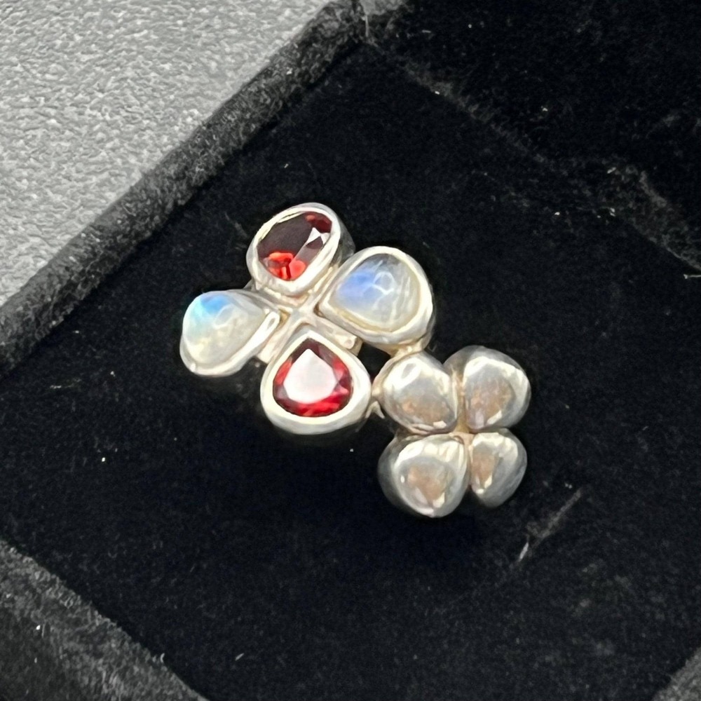 Handmade Sterling Silver Garnet & Rainbow Moonstone Cluster Ring – Size 5.5, Boh